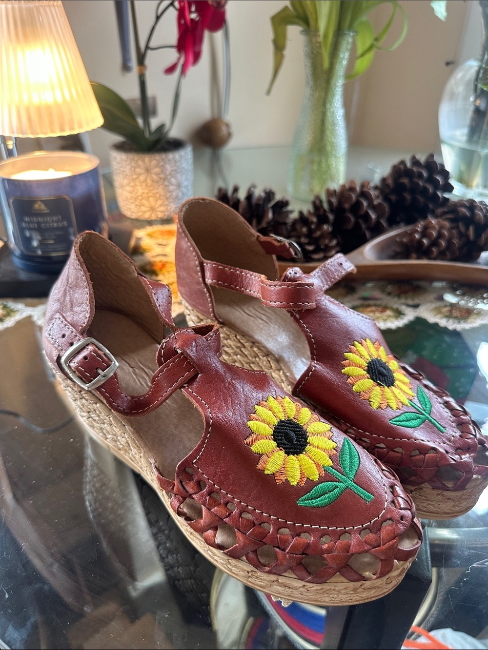 Sunflower Embroidered Brown Leather Wedge Sandals - Women